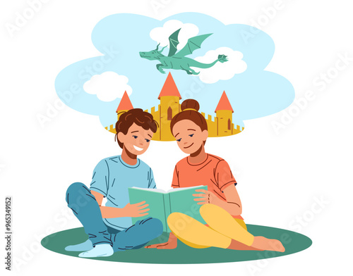 Multiracial boy and girl read fairy tale about dragon sitting on grass flat color vector illustration. Children dream about magic adventures concept icon on white