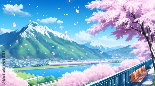 Serene spring landscape with cherry blossoms and snow-capped mountains under a blue sky. photo