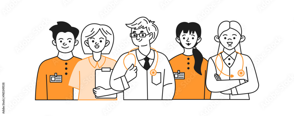 Medical staff team doodle line and color illustration. Positive doctors and nurses in hospital linear sketch vector people composition Medical staff team doodle line and color illustration. Positive doctors and nurses in hospital linear sketch vector people composition