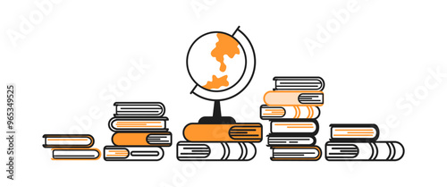 Earth globe and books stack doodle line and color illustration set. School education supplies linear sketch vector objects collection