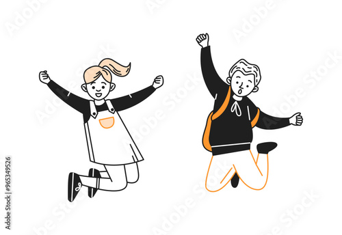 Joyful little kids jump going back to school doodle line and color illustration. Happy junior schoolchildren having fun linear sketch vector person