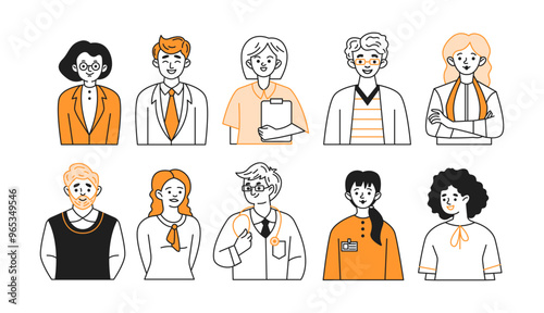 Professional occupation people avatars doodle line and color illustration set. Business and medicine jobs linear sketch vector icons collection