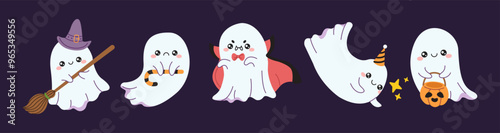 Amusing apparitions Halloween party level color vector characters set. Spooky charming apparitions at occasion party outline pack on purple foundation