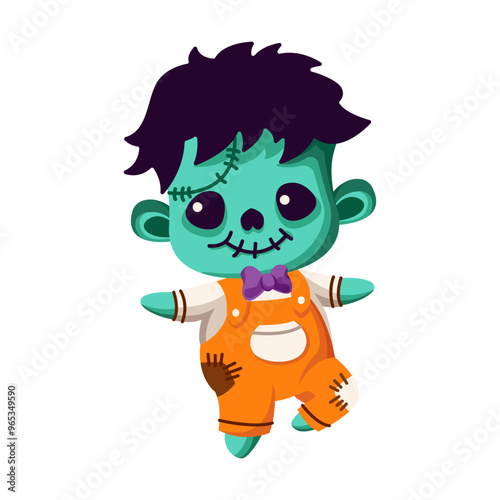 Dancing zombie with bow tie flat color vector illustration. Baby living dead monster Halloween character icon on white background