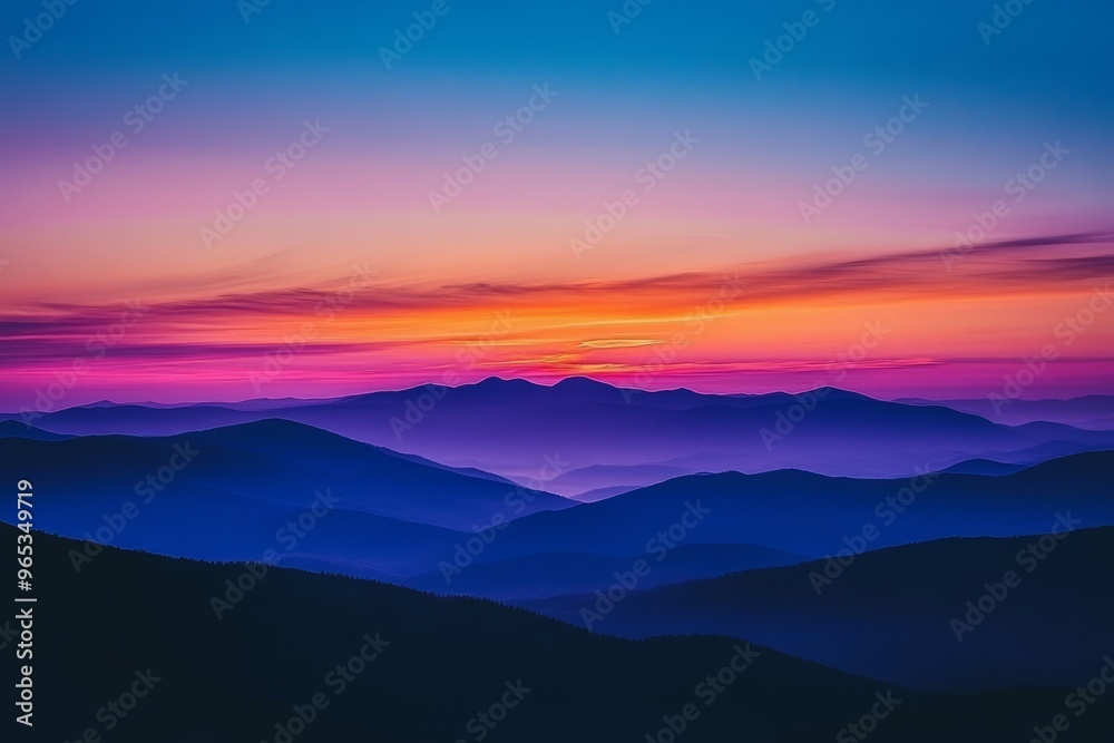 Fototapeta premium Dramatic Dawn Sky with Colorful Gradient and Silhouetted Mountains Generative AI