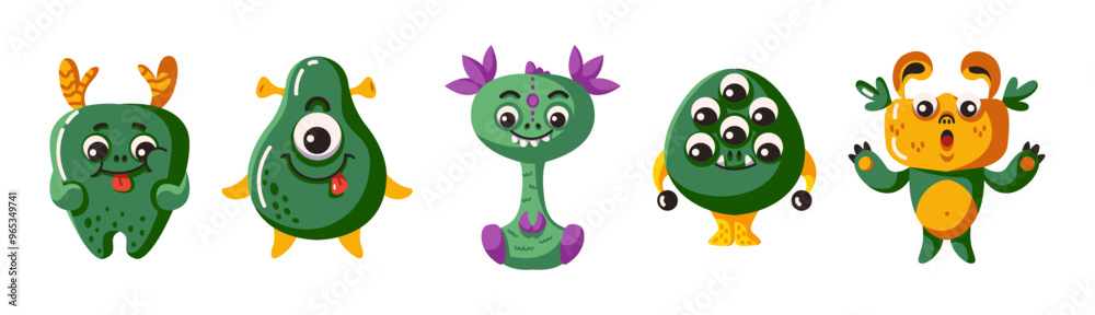Obraz premium Pretty monsters with green skin characters flat color vector icon set. Alien creatures from far planet group illustration pack on white