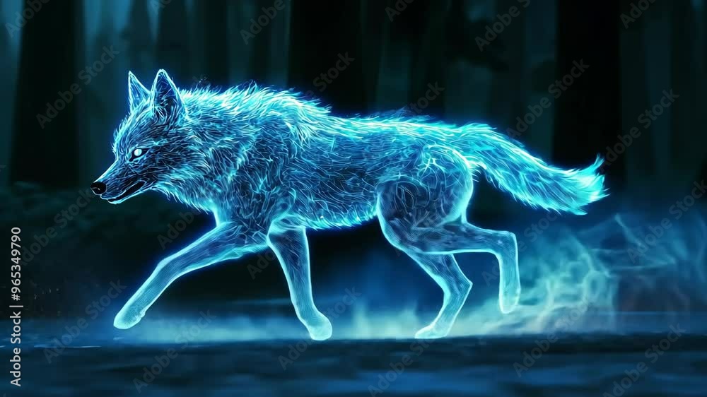 A luminous wolf gliding through a mystical forest at night in stunning neon blue