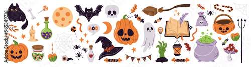 Halloween celebration characters and objects flat color vector icon set. Spooky holiday party illustration pack on white background