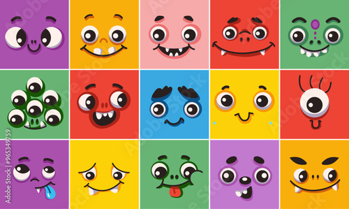 Childish beasts faces in multicolor squares level color vector symbols set. Phenomenal mammoths looks outline pack. Amusing avatars collection