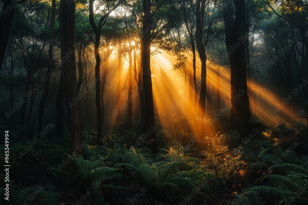 Obraz premium Early Morning Light in a Dense Forest, Perfect for Nature and Environment Concepts Generative AI