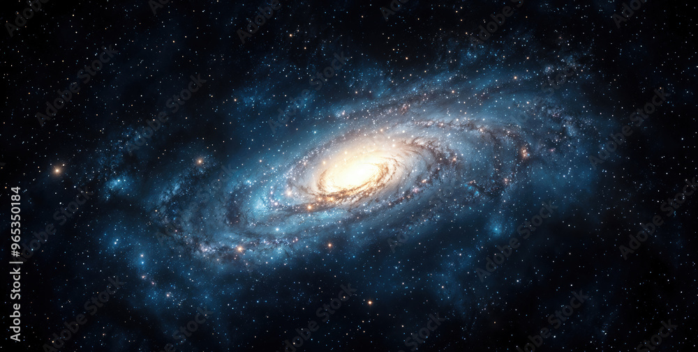 Fototapeta premium Spiral galaxy is sparkling with bright blue stars and glowing with a warm light center. High quality photo