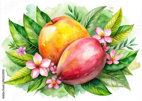 Vibrant watercolor illustration of a juicy, ripe mango, surrounded by lush green leaves and delicate pink flowers, on a soft, white textured background.