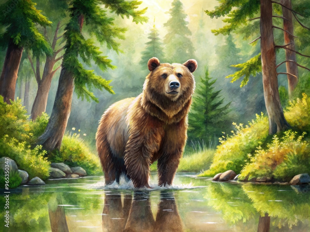 Fototapeta premium Vibrant watercolor illustration of a majestic brown bear standing alone in a serene forest, surrounded by lush greenery and subtle water ripples.