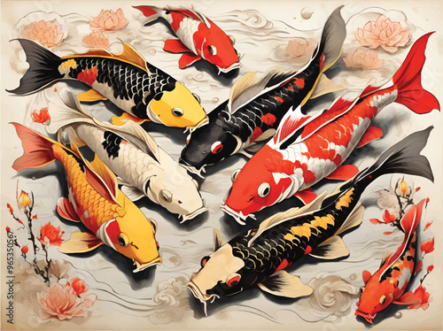 seamless pattern of koi fish scale, fish print texture, white with red and black spots background, wallpaper