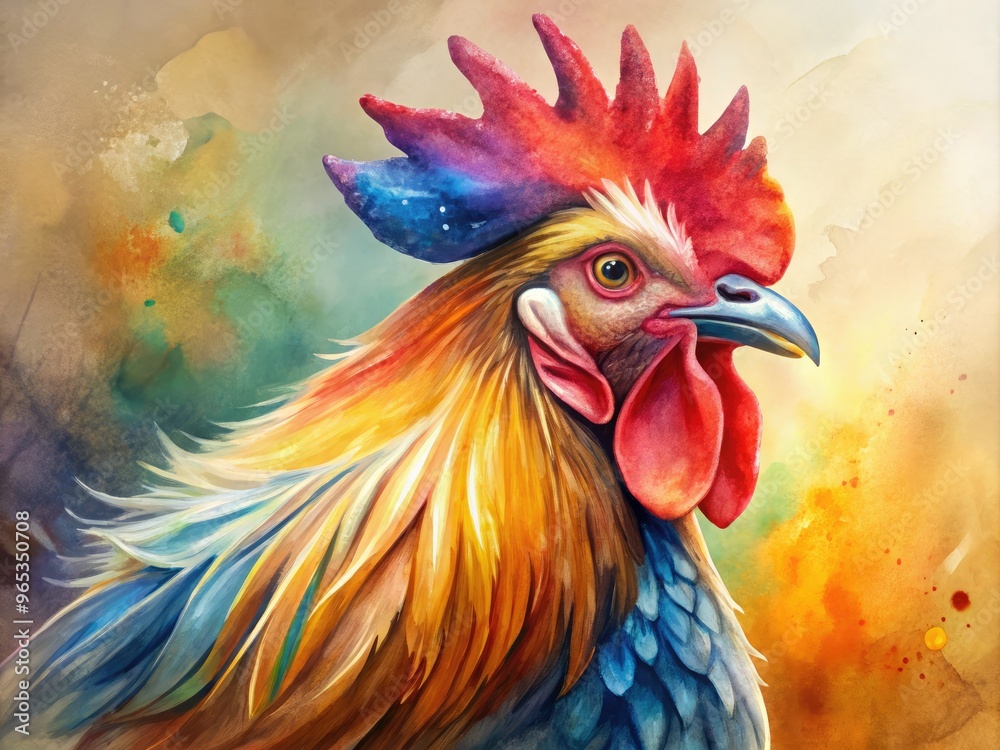 Vibrant watercolor illustration of a proud rooster with feathery plumage, bright beak, and expressive eyes, set against a soft, muted background with subtle texture. Vibrant watercolor illustration of a proud rooster with feathery plumage, bright beak, and expressive eyes, set against a soft, muted background with subtle texture.