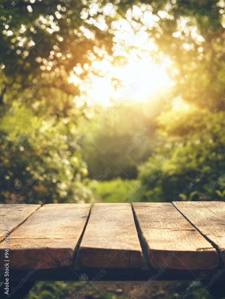 Naklejka premium Wooden Table with Defocused Forest Background.