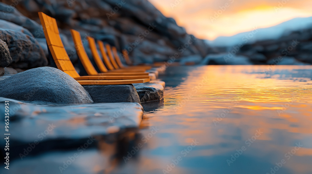 Εκτύπωση καμβά A serene sunset scene featuring a row of empty wooden lounge chairs next to a tranquil pool