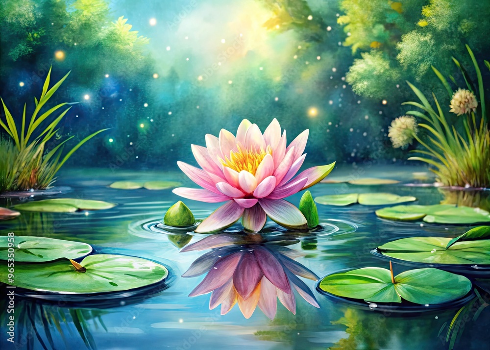 Φωτογραφία Vibrant watercolor illustration of a serene lily pad floating on rippled water, surrounded by lush greenery and delicate flowers in soft, dreamy hues