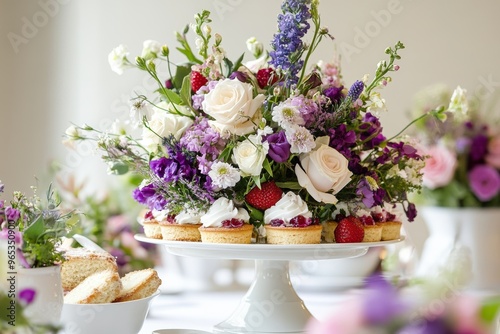 Luxurious Afternoon Tea Setup with Tiered Cake Stand and Fresh Flowers for Special Occasions Generative AI