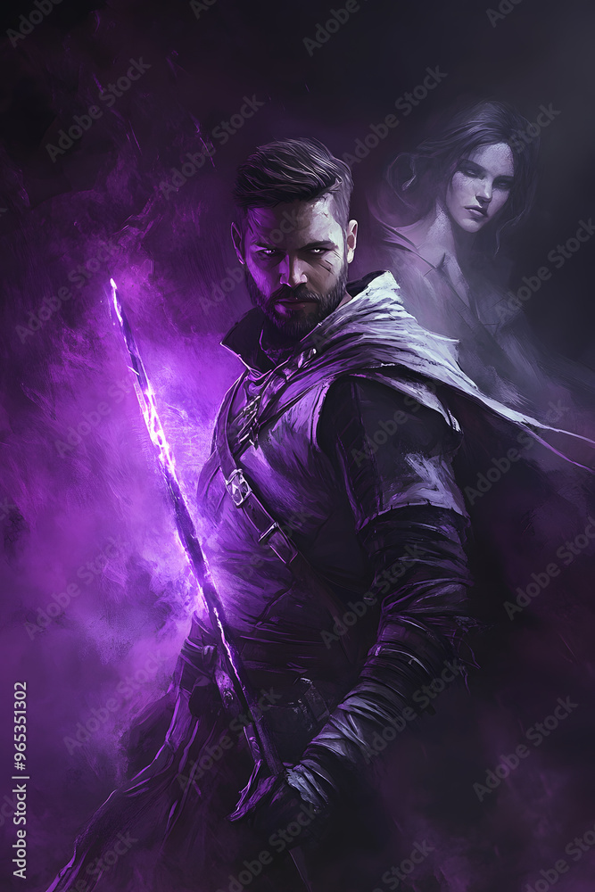 A strong looking mage in his thirties with a short beard, wielding a short sword glowing with dark purple energy A strong looking mage in his thirties with a short beard, wielding a short sword glowing with dark purple energy