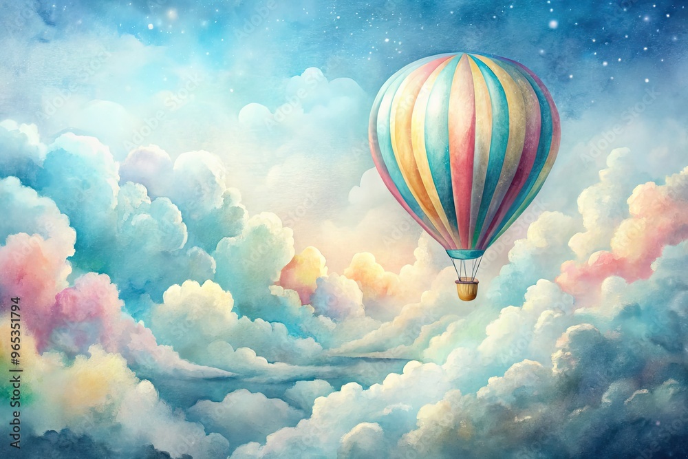 Fototapeta premium Vibrant watercolor illustration of a whimsical hot air balloon soaring above fluffy white clouds, surrounded by subtle texture and delicate, dreamy pastel hues.