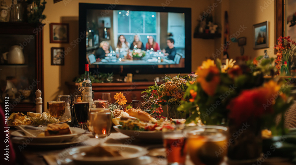 Virtual Thanksgiving celebration with family toasting wine glasses during video call, roasted turkey on table, remote holiday gathering, digital connection, festive atmosphere