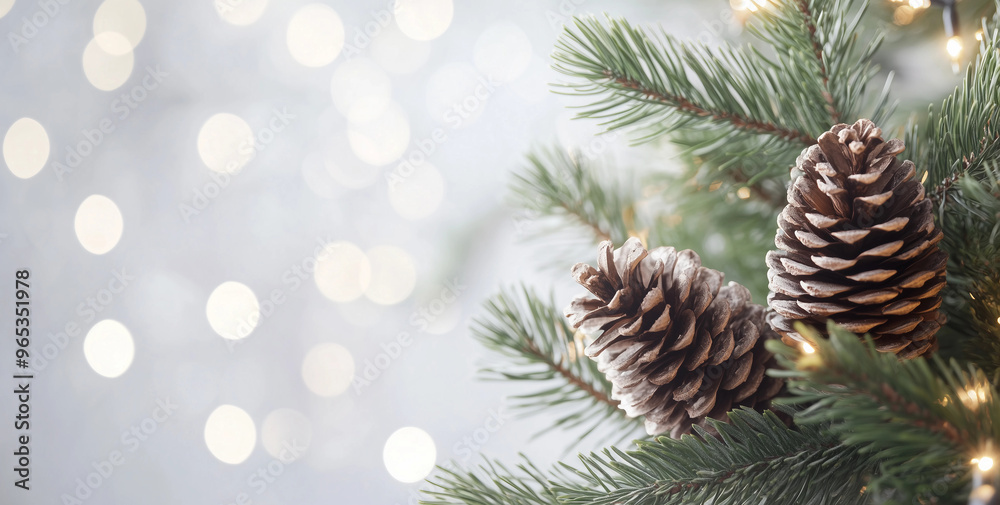 Close up of christmas tree branches and a pine cone with warm light christmas background with crazy atmosphere Close up of christmas tree branches and a pine cone with warm light christmas background with crazy atmosphere