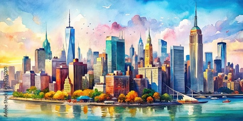 Vibrant watercolor illustration of New York City's iconic skyline featuring majestic skyscrapers, bustling streets, and majestic rivers, blending soft colors and urban energy. photo