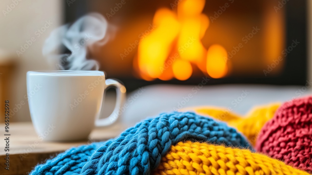 Steaming white drink mug rests beside colorful knit blankets with glowing fireplace in background, symbolizing cozy winter warmth. Home relaxation concept Steaming white drink mug rests beside colorful knit blankets with glowing fireplace in background, symbolizing cozy winter warmth. Home relaxation concept