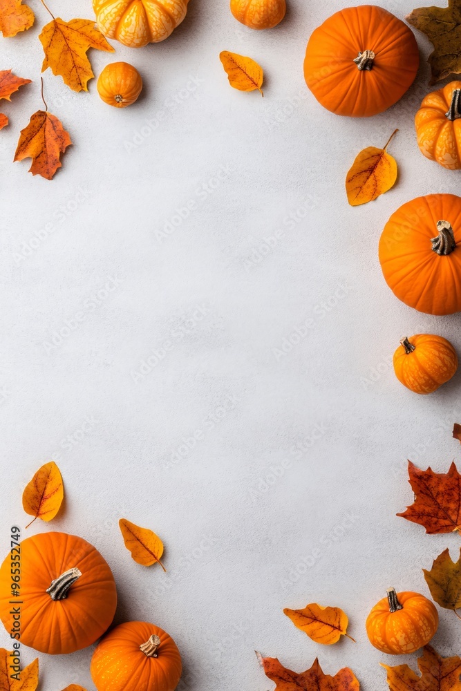 Flat lay of pumpkins border and autumn leaves on light background for seasonal fall decor
