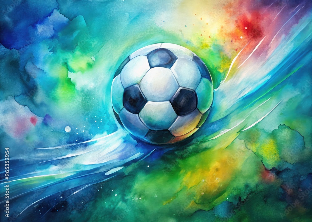 Fototapeta premium Vibrant watercolor painting of a soccer ball in motion, blurring into a colorful splash of blue and green hues, evoking dynamic energy and fluid movement.