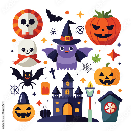 Set of Halloween vector elements like pumpkins, bats, and ghosts on white. Cute flat halloween elements illustration 