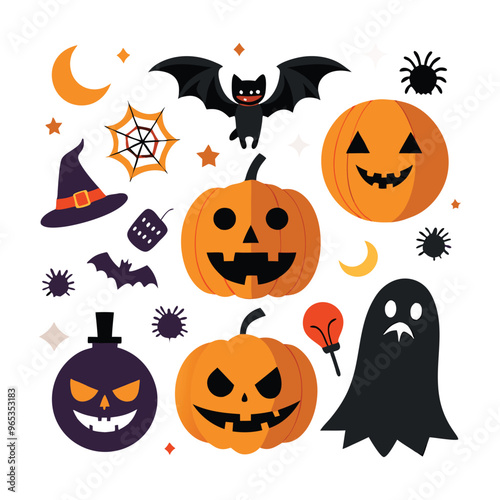 Set of Halloween vector elements like pumpkins, bats, and ghosts on white. Cute flat halloween elements illustration 
