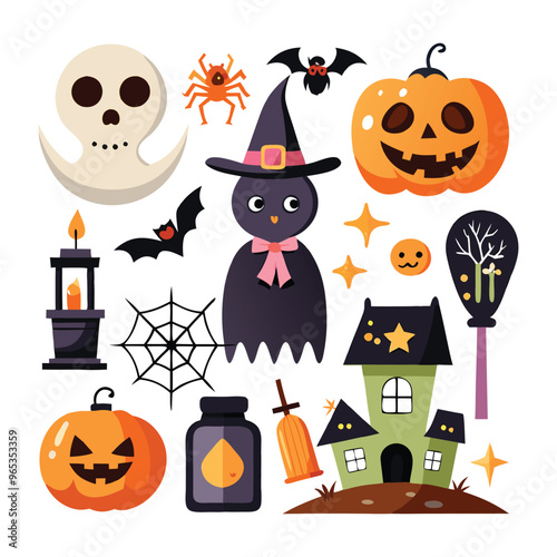 Set of Halloween vector elements like pumpkins, bats, and ghosts on white. Cute flat halloween elements illustration 