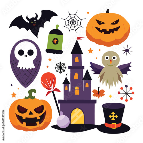 Set of Halloween vector elements like pumpkins, bats, and ghosts on white. Cute flat halloween elements illustration 
