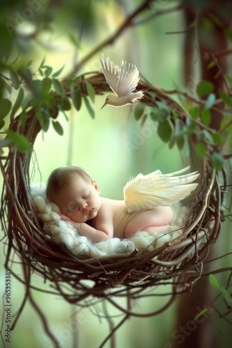 Newborn sleeping in a birds nest and flowers around