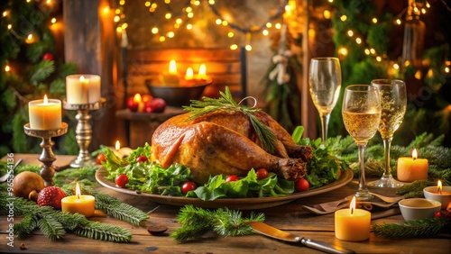 Warmly lit festive table setting with roasted turkey, steaming vegetables, and sparkling glasses, surrounded by lush greenery and soft candlelight, evoking cozy holiday gatherings.