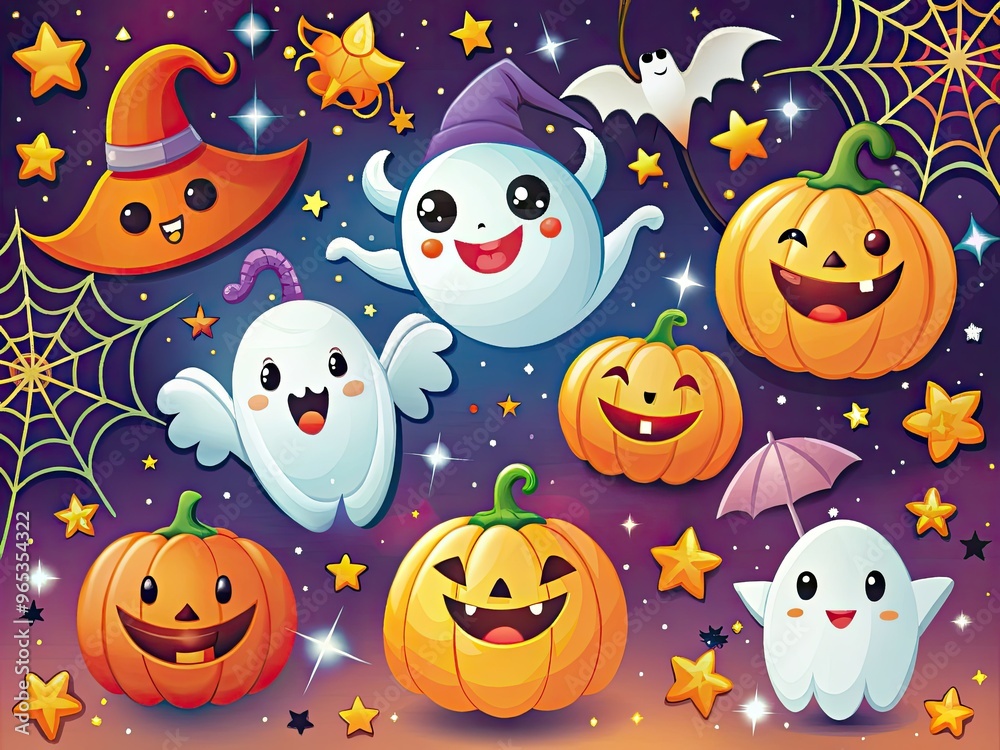 Whimsical cartoon illustrations of smiling ghosts, bats, pumpkins, and spiders in bright colors, creating a playful and festive atmosphere for Halloween celebrations. Whimsical cartoon illustrations of smiling ghosts, bats, pumpkins, and spiders in bright colors, creating a playful and festive atmosphere for Halloween celebrations.
