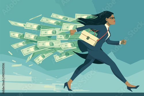 Businesswoman Sprinting with Oversized Briefcase Full of Money: Concept of Wealth Accumulation and Salary Boost