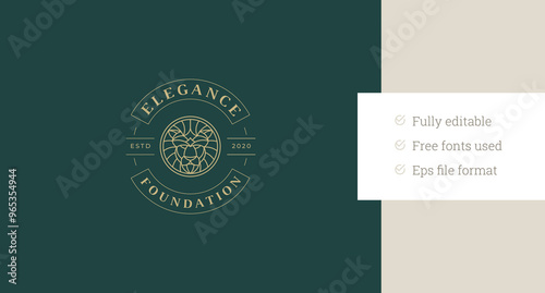 Luxury geometric lion portrait circle line art logo design template for beauty vector illustration. Abstract creative leo head minimalist linear logotype for skin hair care cosmetic brand beauty salon