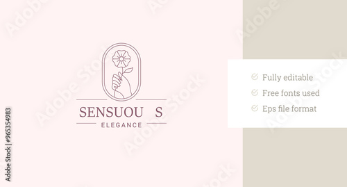 Elegant feminine woman hand with flower line art logo design template for cosmetic vector illustration. Female arm holding floral blossom ellipse linear logotype for skin care cosmetic beauty brand