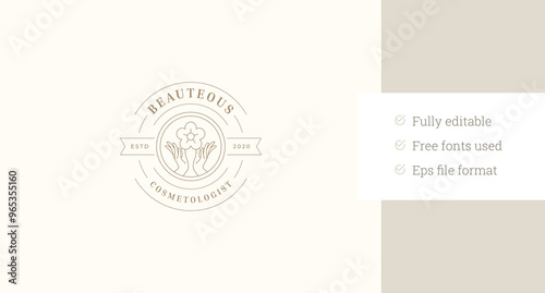 Beauty woman hands with blossom flower circle line art logo design template vector illustration. Minimalist female arms holding chamomile floral linear logotype for organic skincare coiffure brand