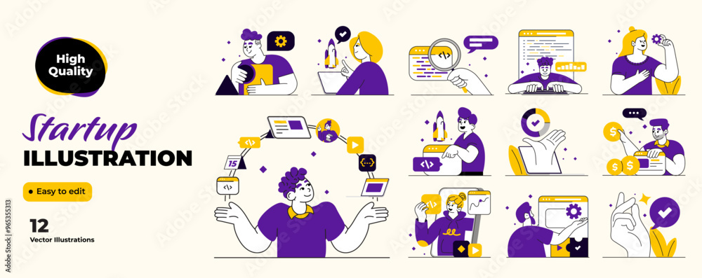 Startup concept. Groups of people work in teams together at business corporate projects for common goal. Working process with different tasks. Flat vector illustrations Startup concept. Groups of people work in teams together at business corporate projects for common goal. Working process with different tasks. Flat vector illustrations