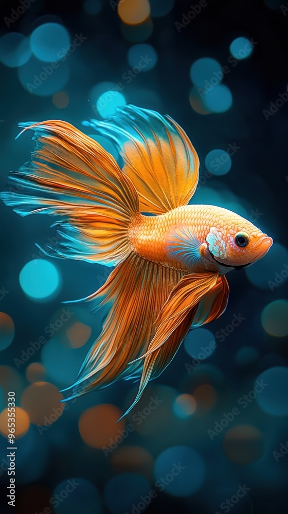 A golden betta fish swimming through crystal clear water, light refracting around it