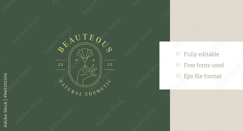 Fototapeta premium Organic flower buttercup in woman hand line art logo design template for cosmetic vector illustration. Natural blossom floral in arm linear logotype for coiffure skin care plastic surgery clinic