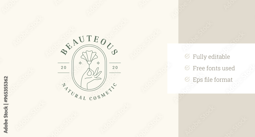 Fototapeta premium Beauty flower in hand line art circle logo design template for wellness vector illustration. Floral buttercup botanical blossom in arm linear logotype hairdresser beautician spa salon cosmetic brand
