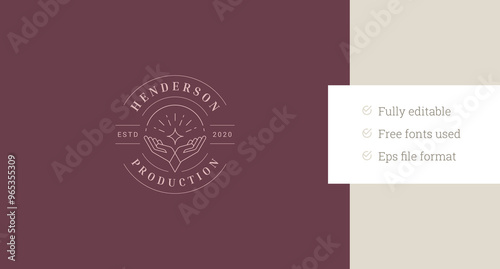 Hands holding bright gem crystal circle line art logo design template vector illustration. Elegant antique arms with shiny diamond jewelry linear logotype for cosmetology beautician makeup coiffure