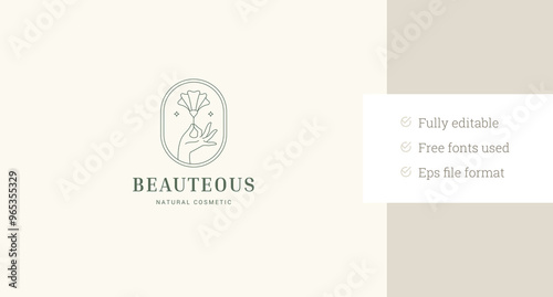 Feminine hand holding blossom buttercup line art logo design template for beauty salon vector illustration. Arm with natural herb flower linear logotype spa wellness coiffure cosmetology beautician