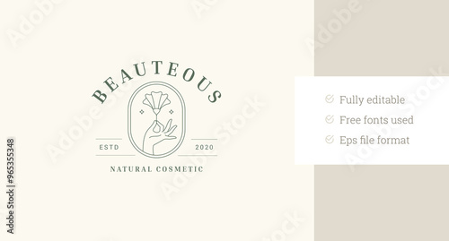 Natural flower buttercup in hand line art logo design template for plastic surgery clinic vector illustration. Organic blossom plant in arm minimalist linear logotype for florist salon garden shop