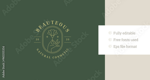Organic flower buttercup in woman hand line art logo design template for cosmetic vector illustration. Natural blossom floral in arm linear logotype for coiffure skin care plastic surgery clinic